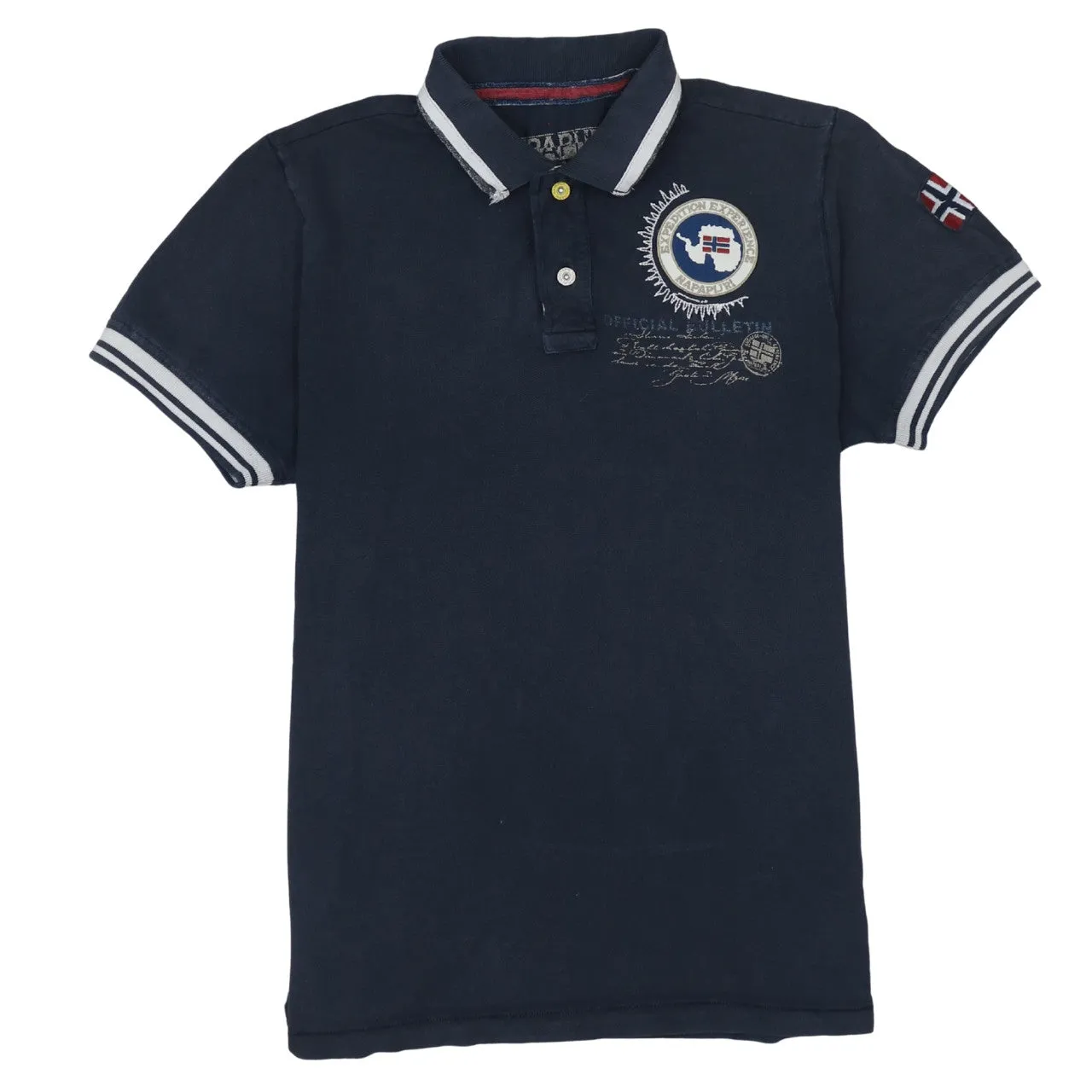 Napapijri Navy Blue Polo Shirt Men's Large Embroidered Chest Logo Flag Sleeve Casual Top sold by Vintage Club