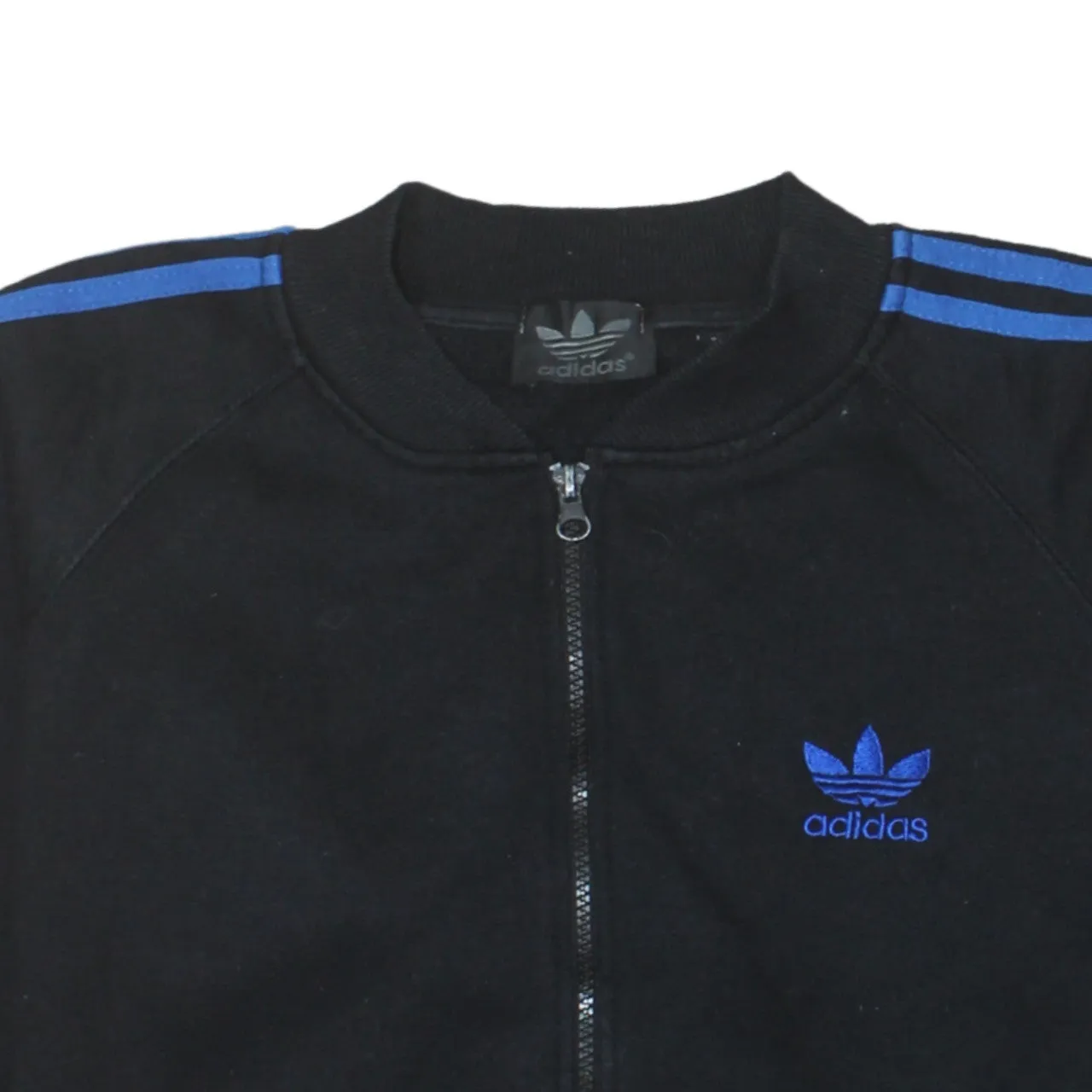Adidas Black Track Jacket Men's Small Blue Three Stripe Embroidered Trefoil Zip Top sold by Vintage Club product image thumbnail 3