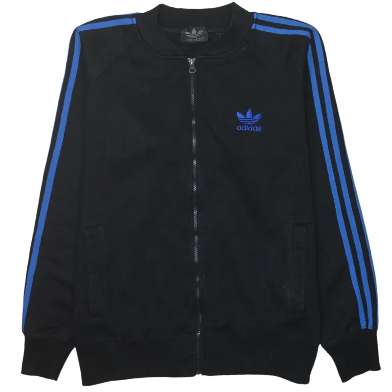 Adidas Black Track Jacket Men's Small Blue Three Stripe Embroidered Trefoil Zip Top sold by Vintage Club