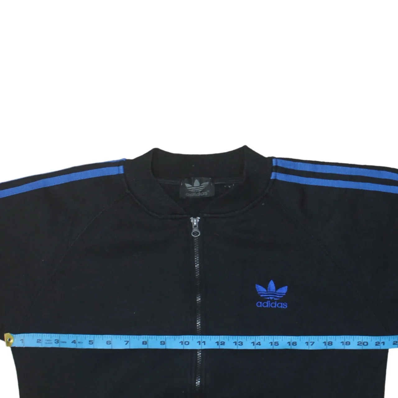 Adidas Black Track Jacket Men's Small Blue Three Stripe Embroidered Trefoil Zip Top sold by Vintage Club product image thumbnail 5
