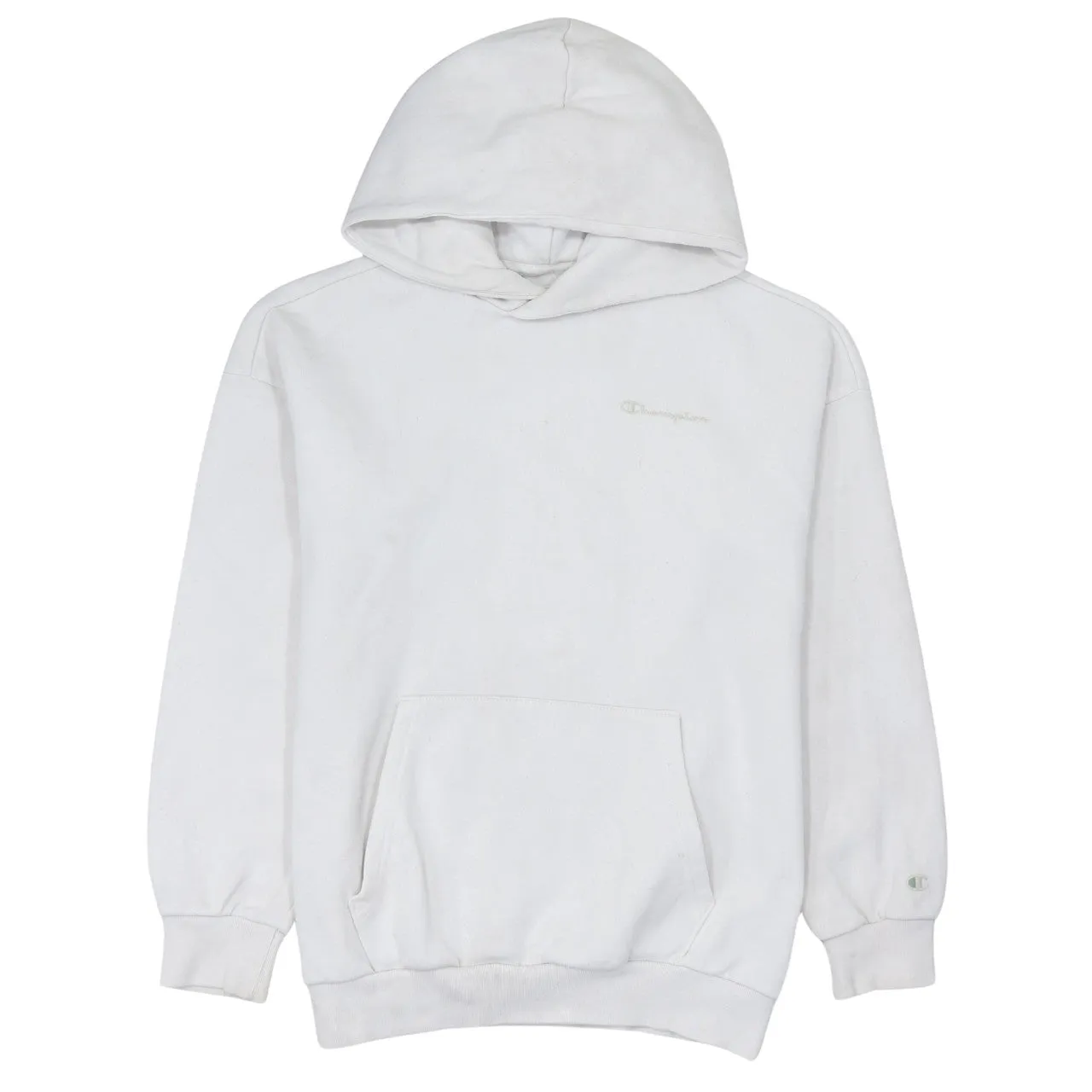 Champion White Hoodie Women’s Large Embroidered Chest Logo Cuff Logo Pullover Sweatshirt sold by Vintage Club