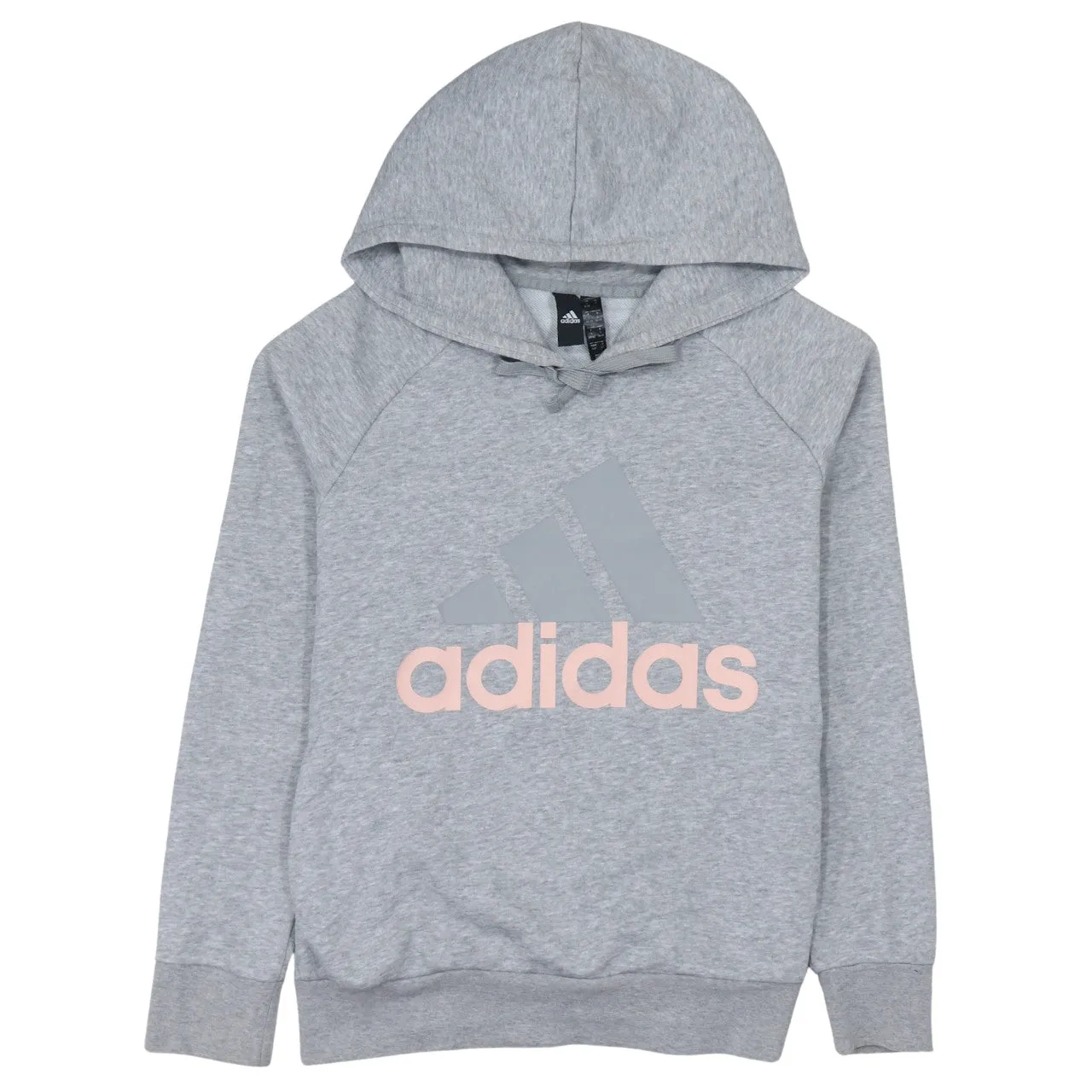 Adidas Light Grey Hoodie Women’s Small Printed Logo Raglan Sleeves Pullover Sweatshirt sold by Vintage Club