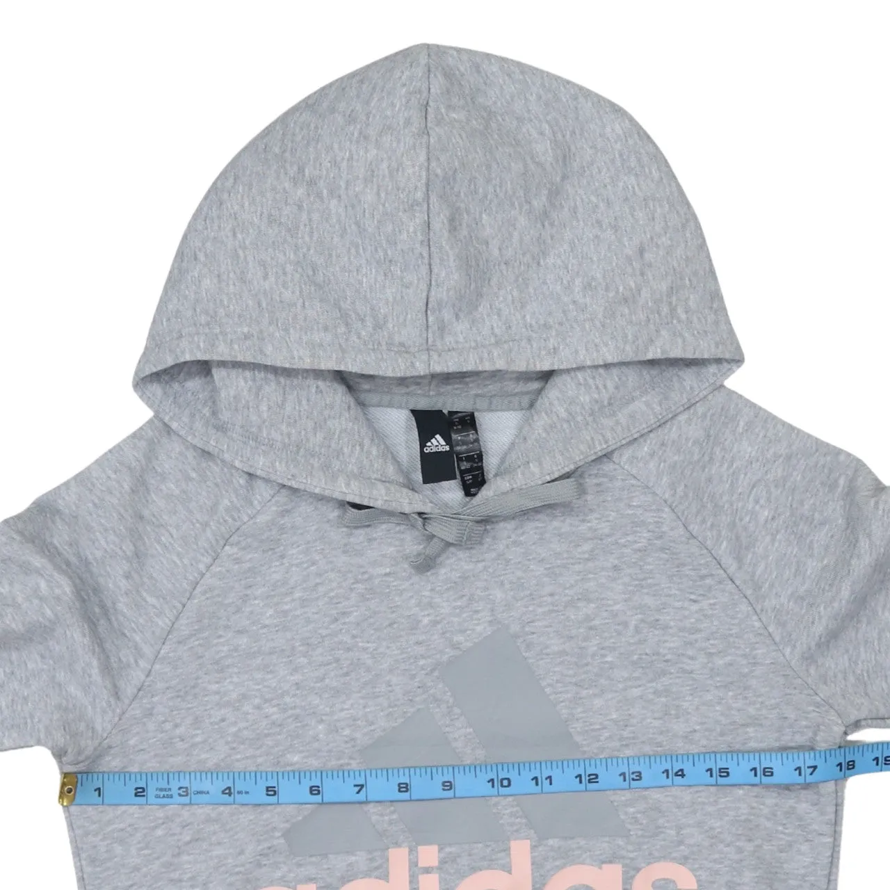 Adidas Light Grey Hoodie Women’s Small Printed Logo Raglan Sleeves Pullover Sweatshirt sold by Vintage Club product image thumbnail 5