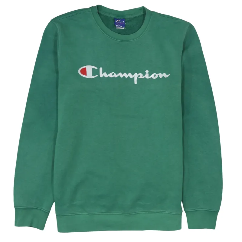 Champion Green Sweatshirt Men's Medium Printed Script Logo Crewneck Pullover Fleece Top sold by Vintage Club