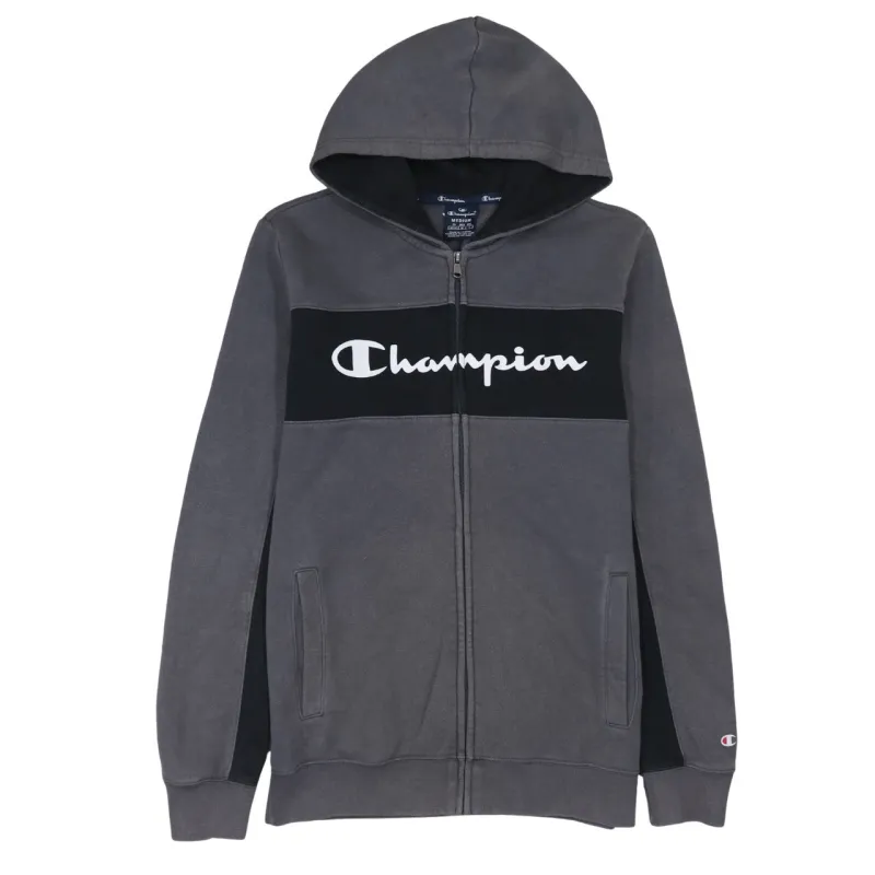Champion Charcoal Grey Zip Hoodie Women's Medium Printed Logo Split Pockets Sweatshirt Top sold by Vintage Club