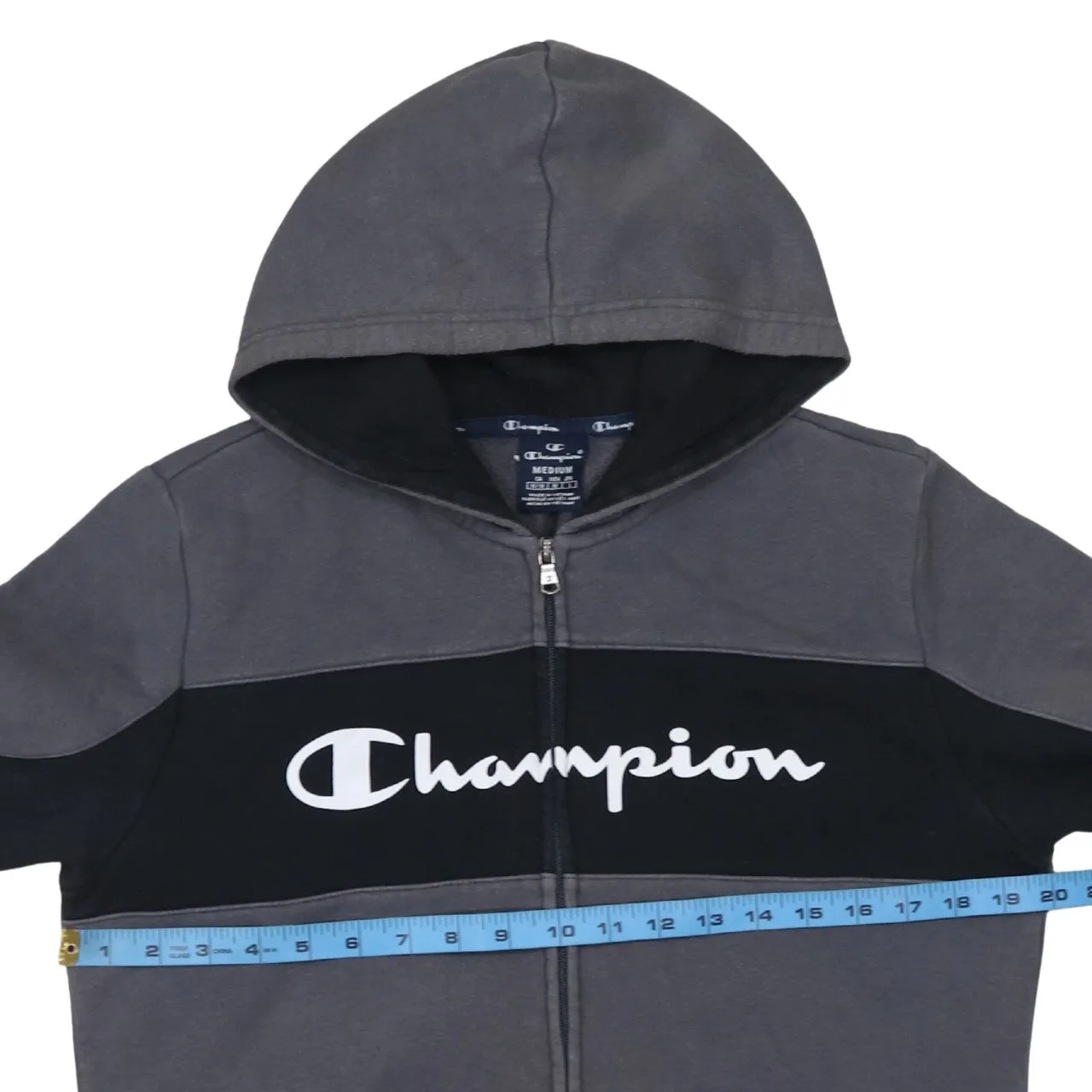 Champion Charcoal Grey Zip Hoodie Women's Medium Printed Logo Split Pockets Sweatshirt Top sold by Vintage Club product image thumbnail 5
