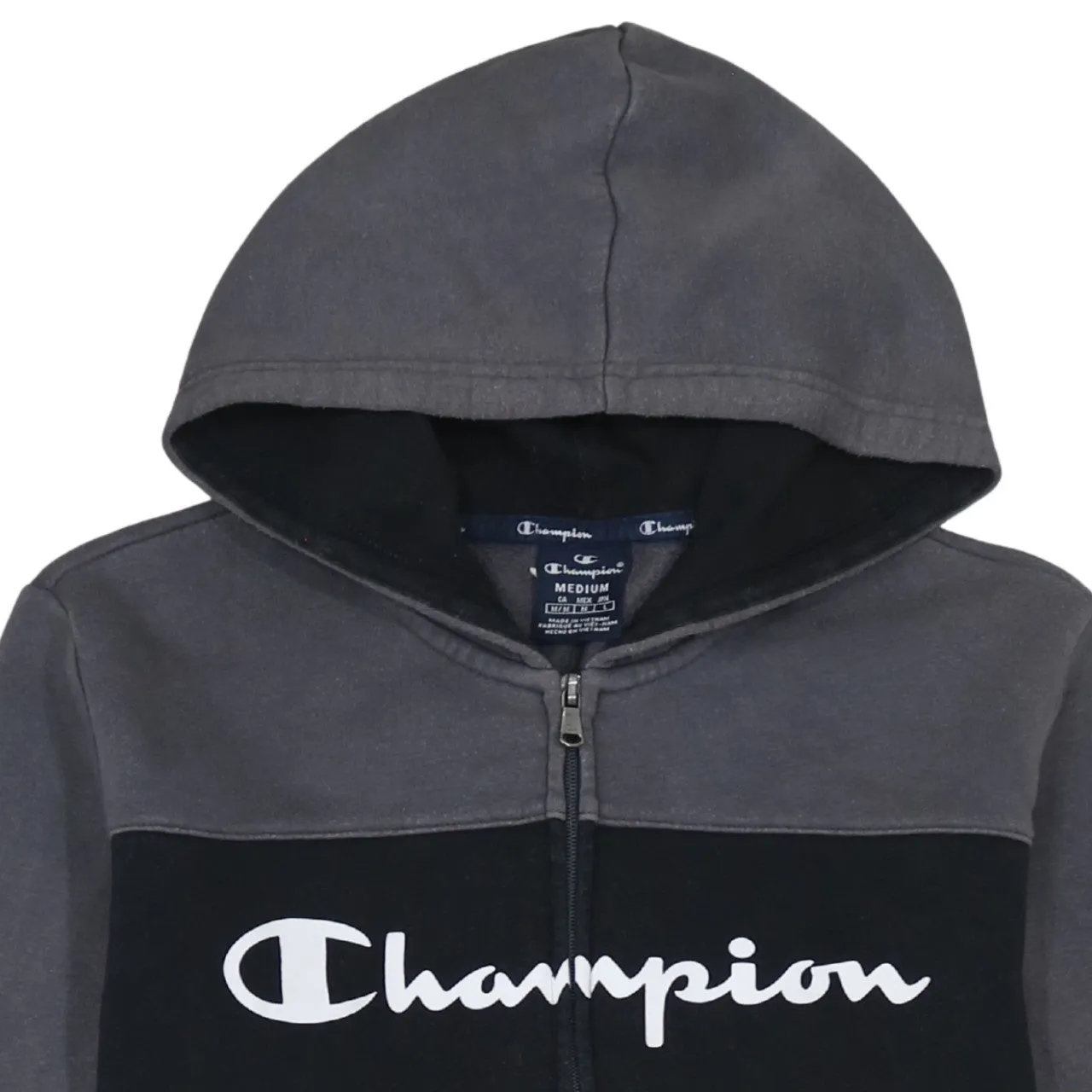 Champion Charcoal Grey Zip Hoodie Women's Medium Printed Logo Split Pockets Sweatshirt Top sold by Vintage Club product image thumbnail 3
