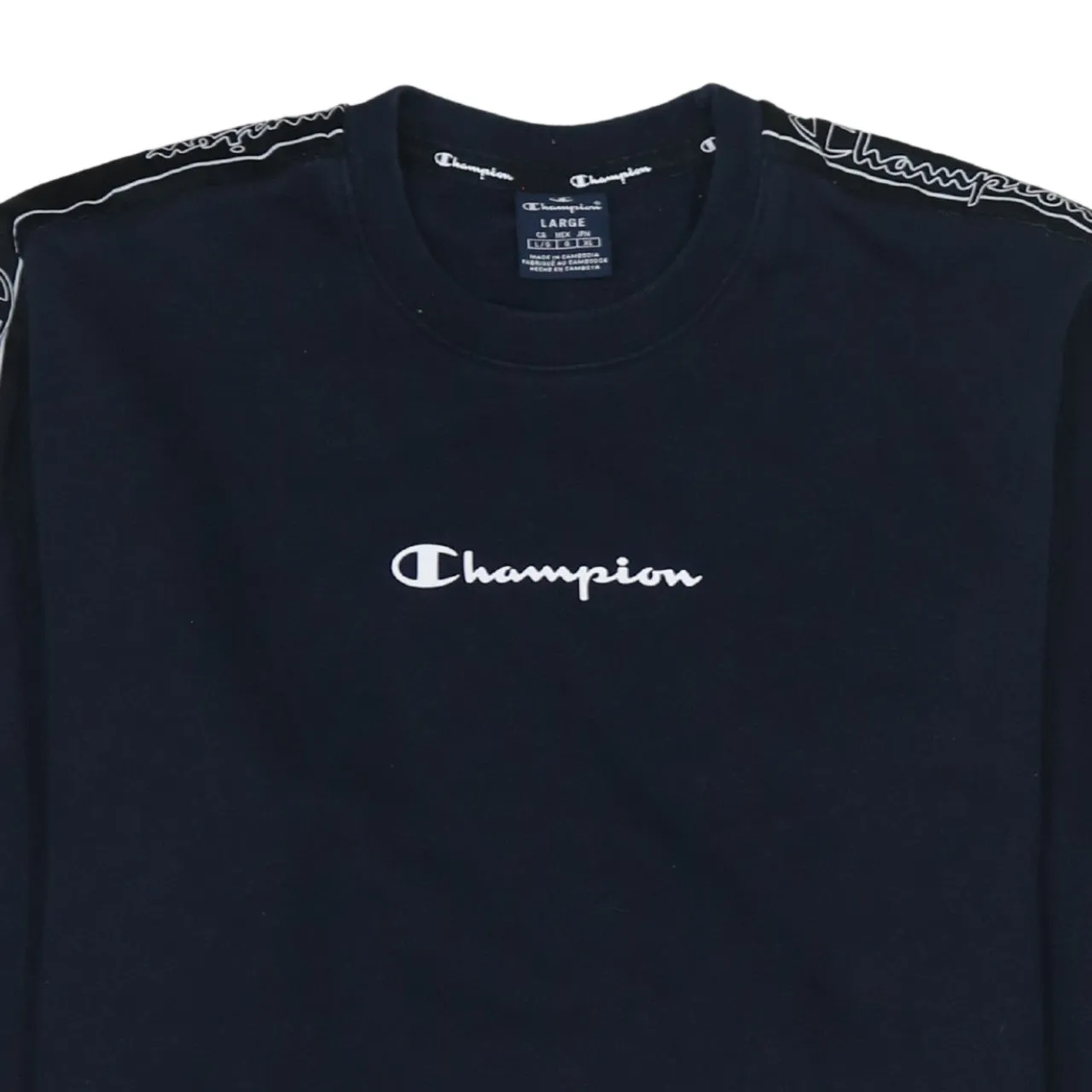 Champion Navy Blue Sweatshirt Women's Large Embroidered Logo Sleeve Tape Crewneck Pullover sold by Vintage Club product image thumbnail 3