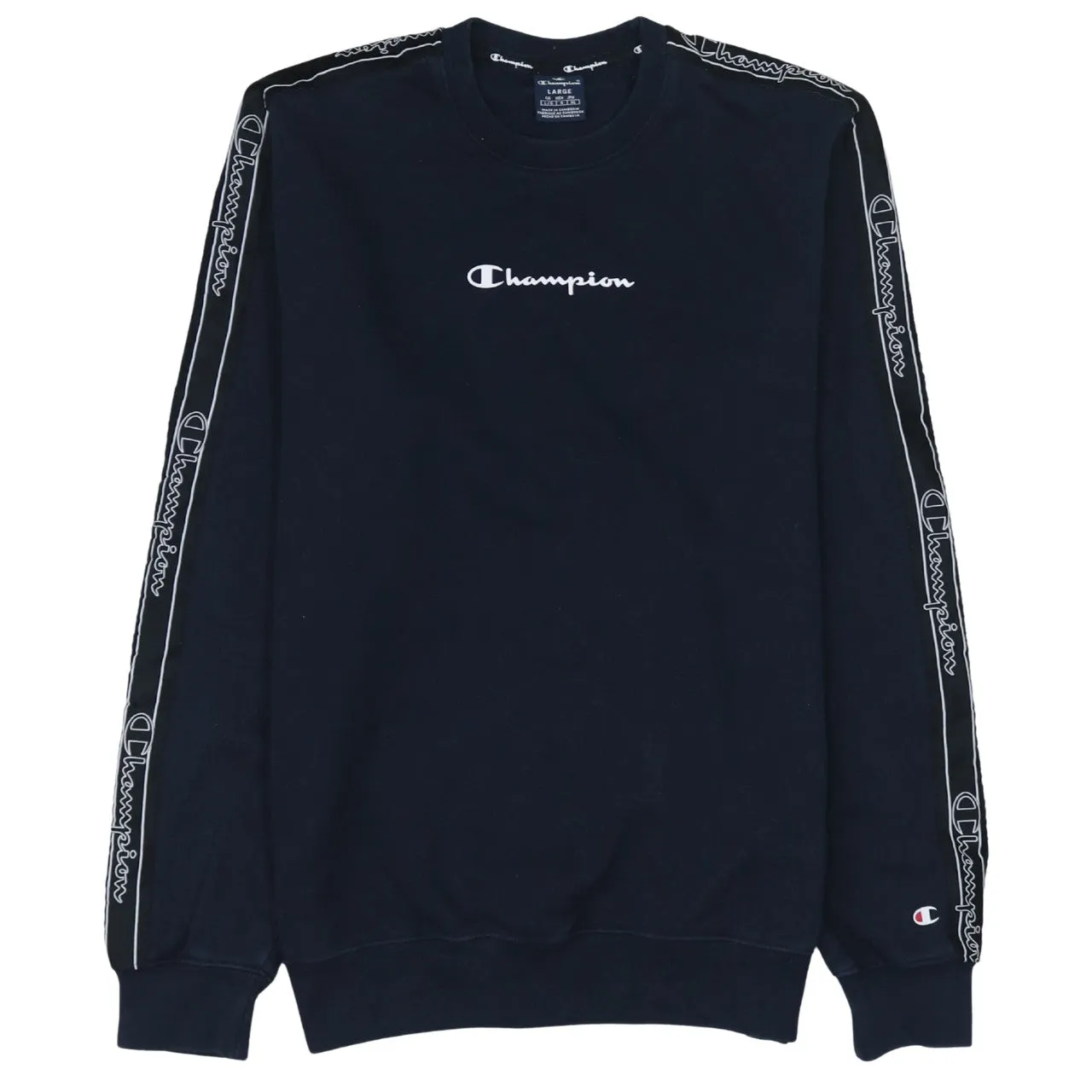 Champion Navy Blue Sweatshirt Women's Large Embroidered Logo Sleeve Tape Crewneck Pullover sold by Vintage Club
