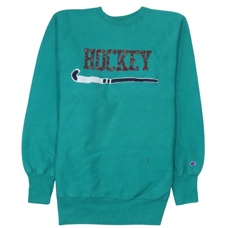 Champion Teal Green Sweatshirt Women's XLarge Embroidered Hockey Graphic Crewneck Pullover Fleece Top made by Champion
