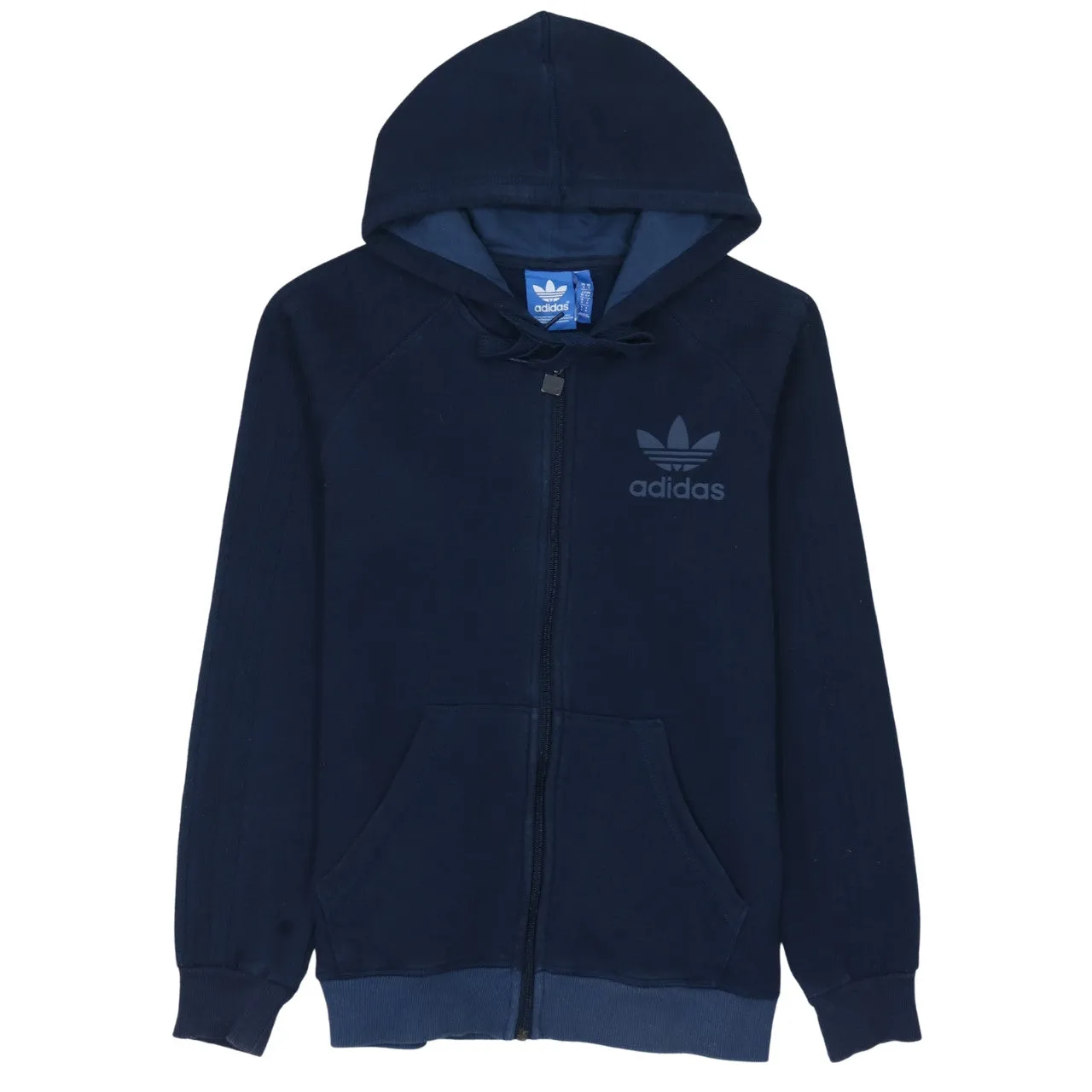 Adidas Navy Blue Hoodie Men's Small Trefoil Logo Full Zip Three Stripe Sleeves Sweatshirt sold by Vintage Club
