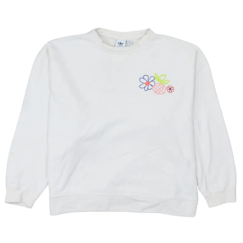 Adidas White Sweatshirt Women's Small Embroidered Floral Chest Graphic Crewneck Pullover Top sold by Vintage Club