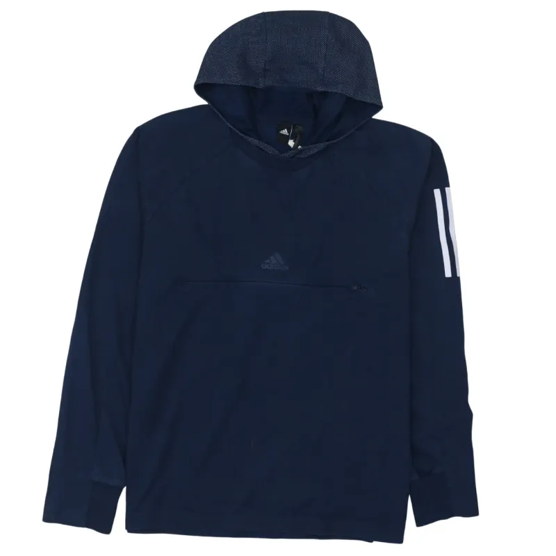 Adidas Navy Blue Hoodie Women’s Large Printed Sleeve Stripes Front Zip Pocket Pullover Top sold by Vintage Club