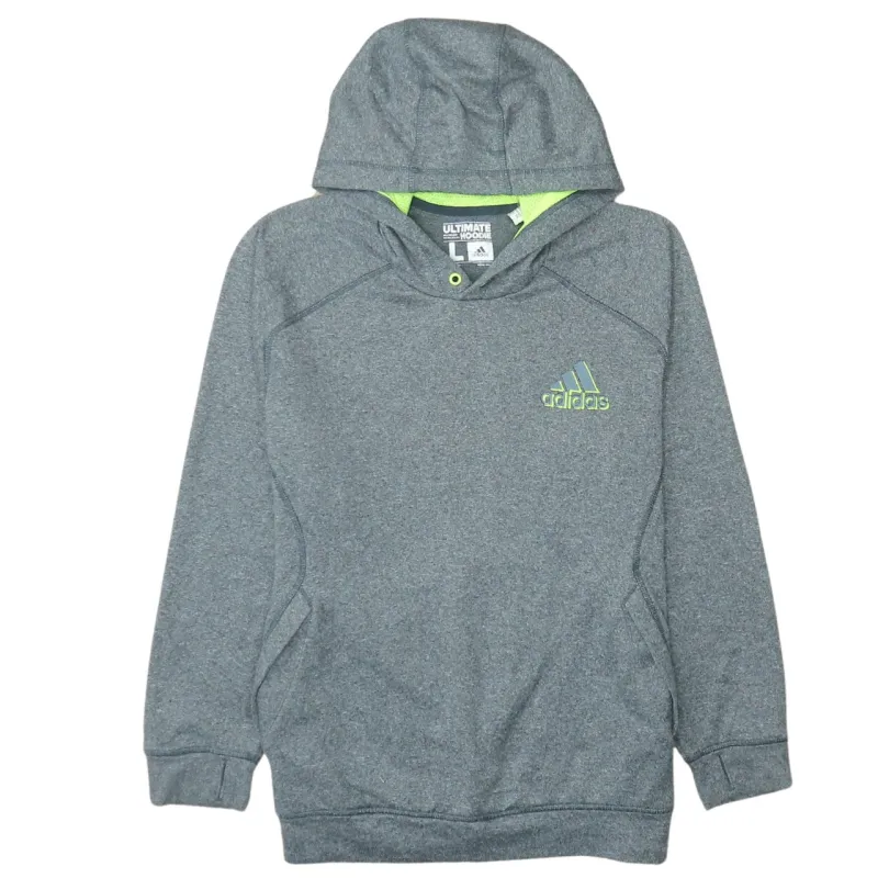 Adidas Grey Hoodie Women’s Large Printed Chest Logo Front Pouch Athletic Pullover Sweatshirt sold by Vintage Club