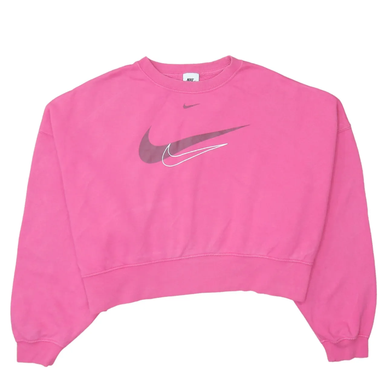 Nike Pink Cropped Sweatshirt Women's Medium Printed Triple Swoosh Logo Pullover Top sold by Vintage Club