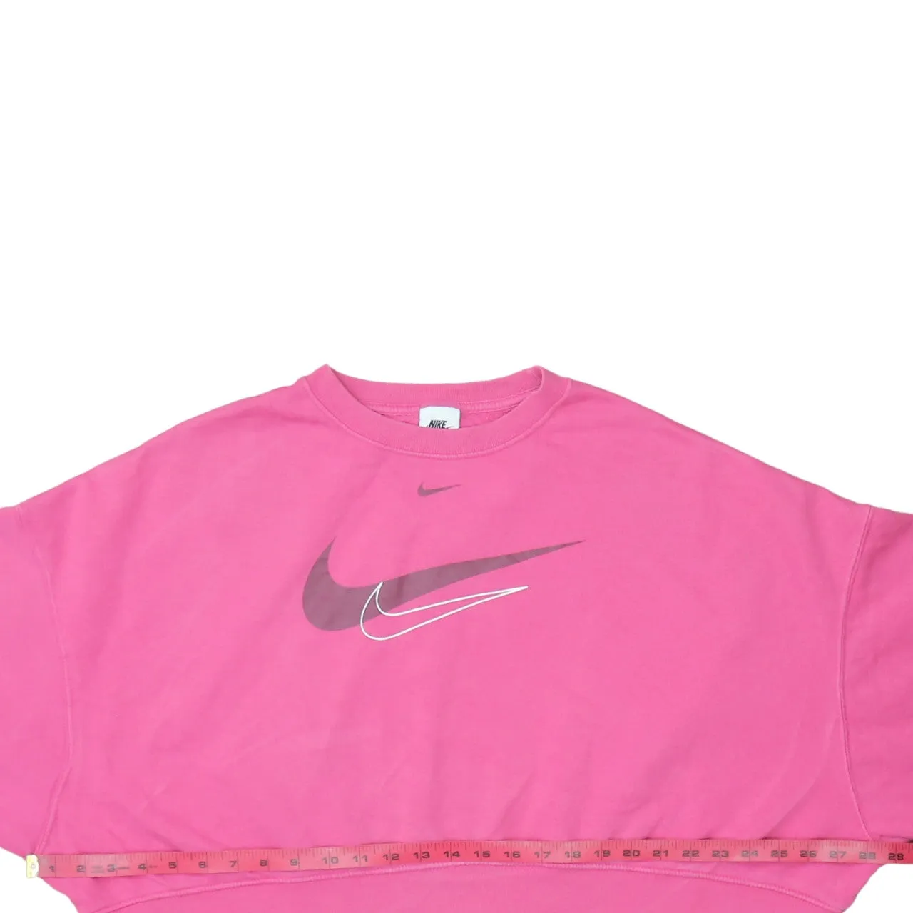 Nike Pink Cropped Sweatshirt Women's Medium Printed Triple Swoosh Logo Pullover Top sold by Vintage Club product image thumbnail 5