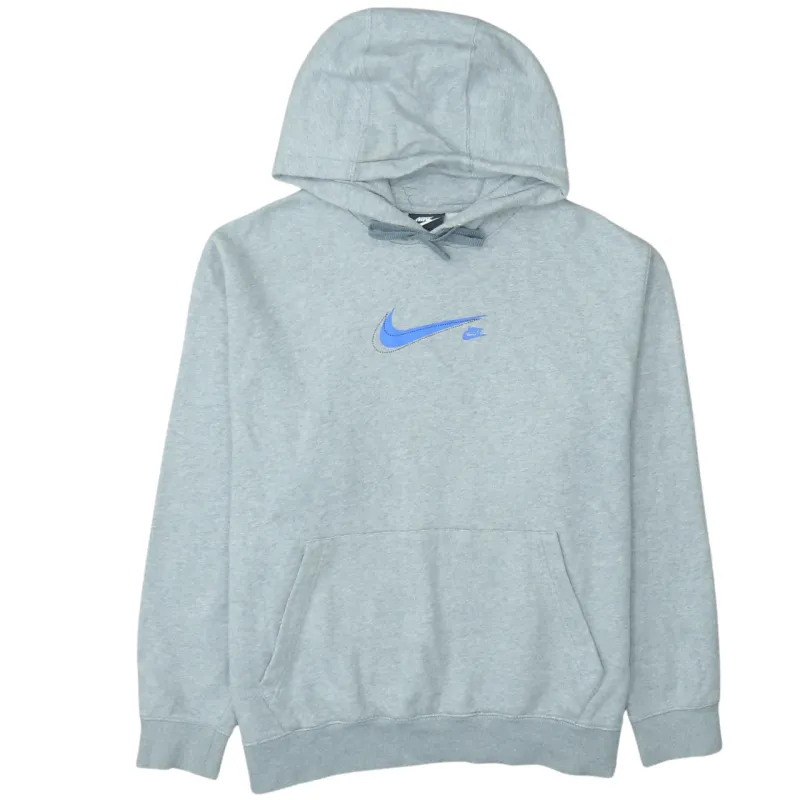 Nike Light Grey Hoodie Men’s XLarge Printed Blue Swoosh Logo Front Pocket Pullover Sweatshirt sold by Vintage Club