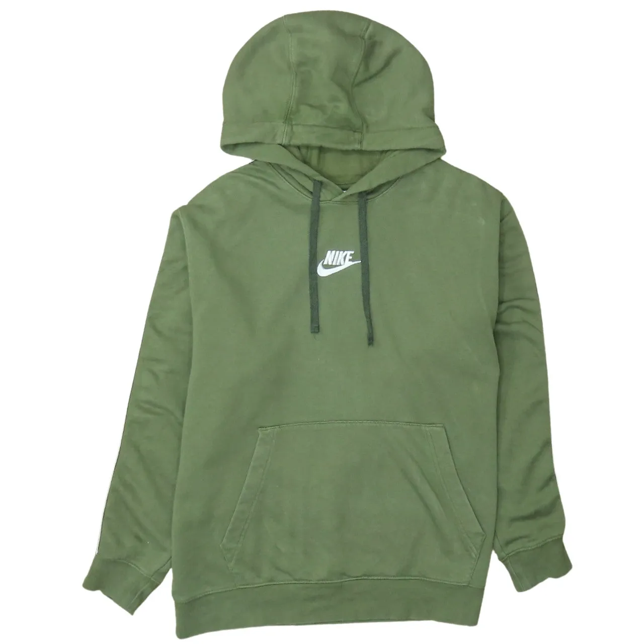 Nike Olive Green Hoodie Women’s Large Embroidered Swoosh Logo Taped Sleeve Pullover Sweatshirt sold by Vintage Club