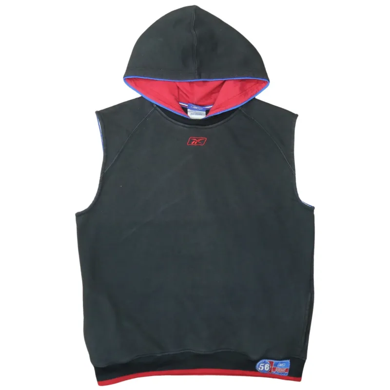 Reebok Black Sleeveless Hoodie Men’s Medium Embroidered Logo Contrast Trim Pullover Gilet sold by Vintage Club
