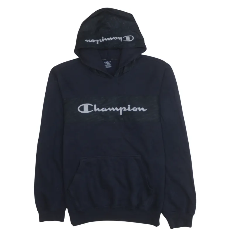 Champion Navy Blue Hoodie Women’s XLarge Printed Logo Panel Fleece Lined Pullover Sweatshirt sold by Vintage Club