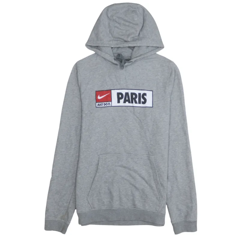Nike Grey Hoodie Men's Small Printed Paris Just Do It Front Logo Pullover Sweatshirt made by Nike