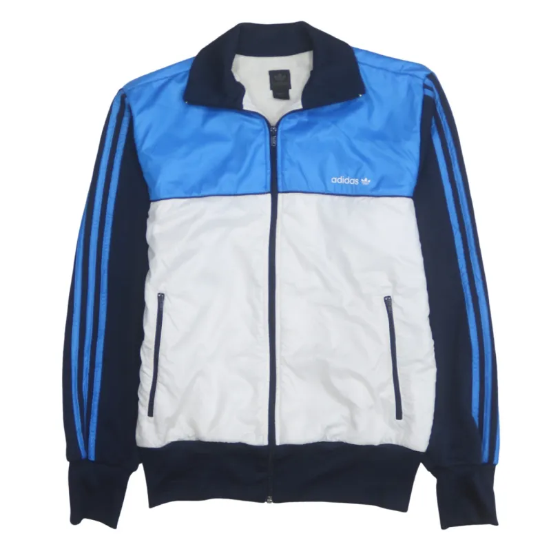 Adidas Blue White Track Jacket Men's Medium Three Stripe Full Zip Embroidered Logo Outerwear sold by Vintage Club