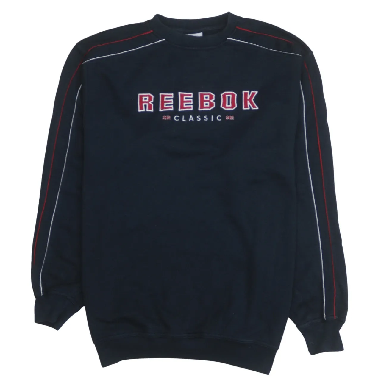 Reebok Navy Blue Sweatshirt Men's Large Embroidered Classic Logo Contrast Sleeve Stripes Pullover sold by Vintage Club