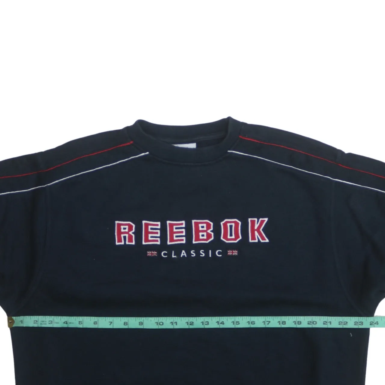 Reebok Navy Blue Sweatshirt Men's Large Embroidered Classic Logo Contrast Sleeve Stripes Pullover sold by Vintage Club product image thumbnail 5