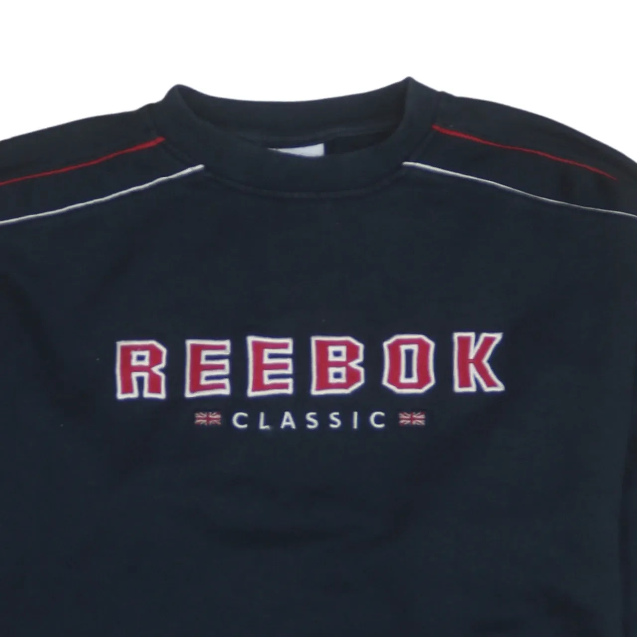 Reebok Navy Blue Sweatshirt Men's Large Embroidered Classic Logo Contrast Sleeve Stripes Pullover sold by Vintage Club product image thumbnail 3