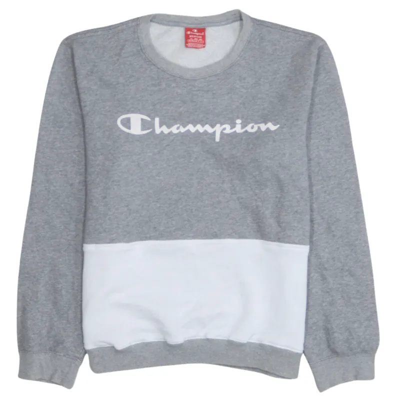 Champion Grey White Sweatshirt Men's Medium Printed Chest Logo Colour Block Pullover Top made by Champion