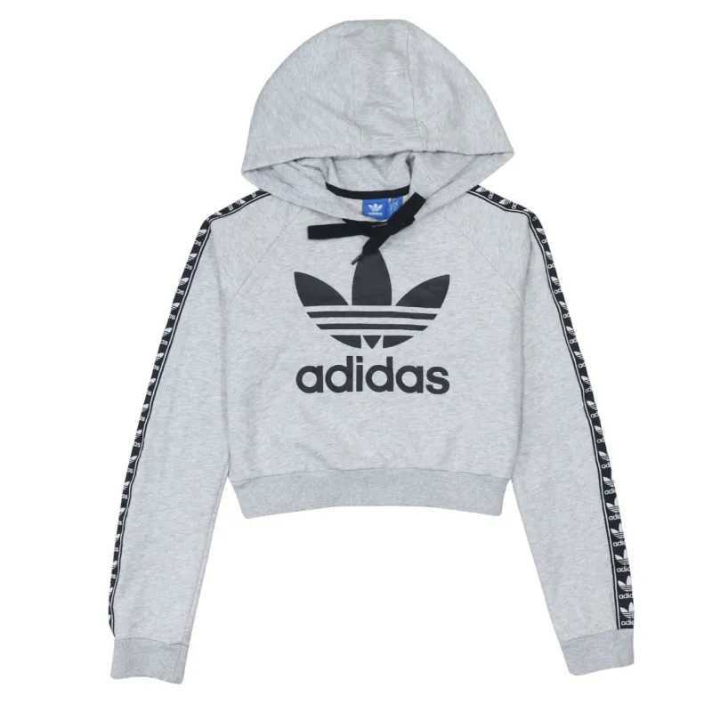 Adidas Light Grey Hoodie Women’s XSmall Trefoil Logo Tape Sleeve Cropped Pullover Sweatshirt made by Adidas
