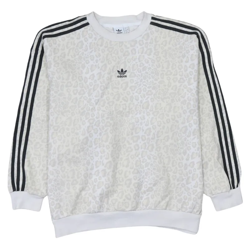Adidas White Leopard Print Sweatshirt Women's XXLarge Black Three Stripes Trefoil Pullover Top made by Adidas