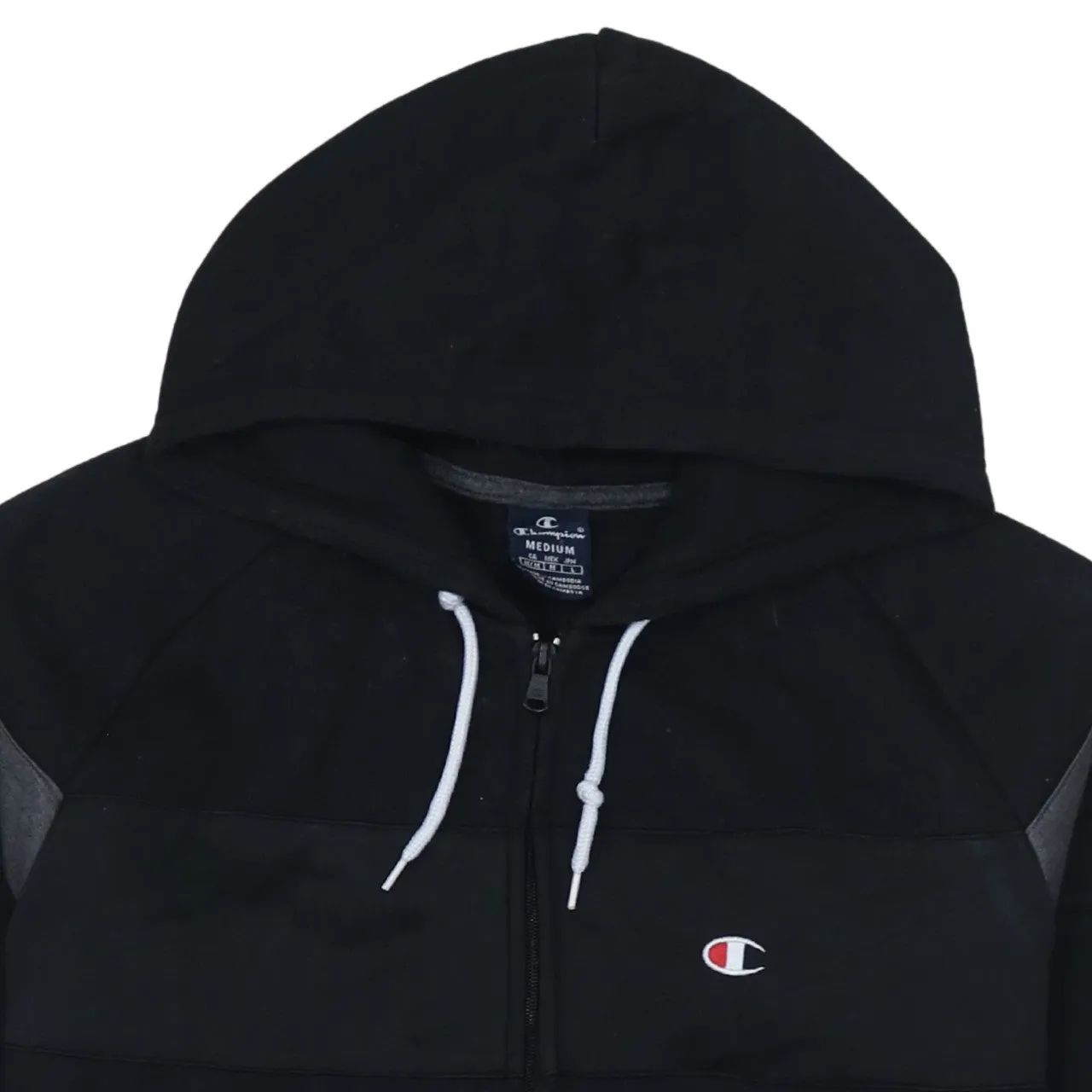 Champion Black Zip Hoodie Women’s Medium Embroidered C Logo Contrast Panels Pullover Jacket sold by Vintage Club product image thumbnail 3