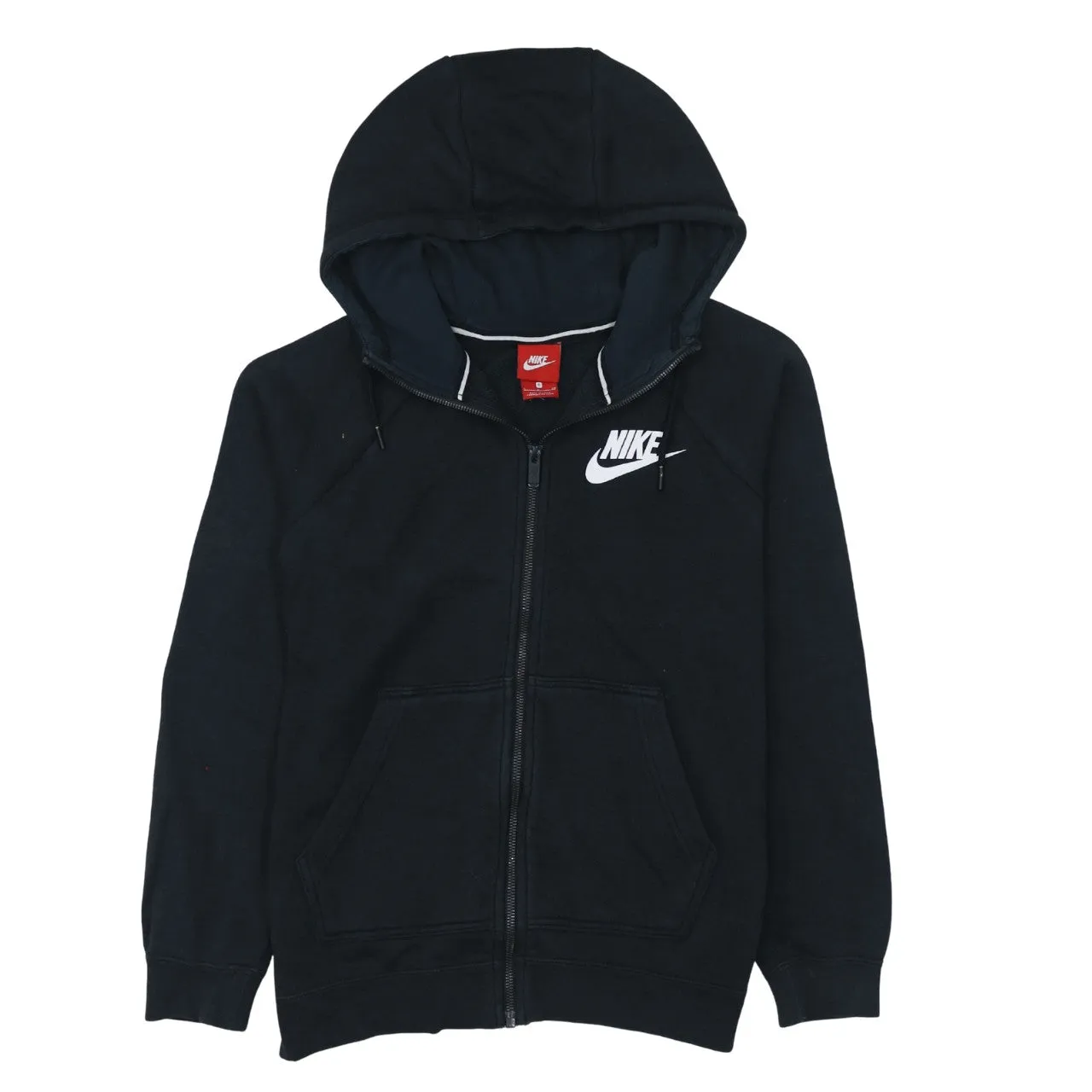 Nike Black Full Zip Hoodie Men's Small Printed Swoosh Logo Drawstring Pockets Sweatshirt sold by Vintage Club