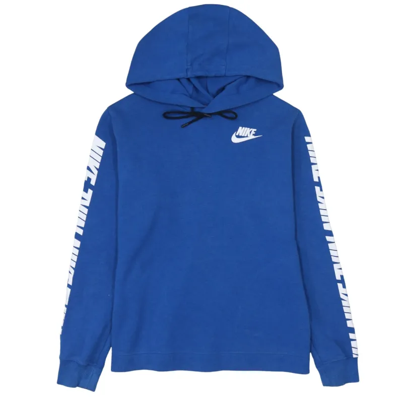 Nike Royal Blue Hoodie Women’s Small Printed Swoosh Logo Sleeve Spellout Pullover Top sold by Vintage Club