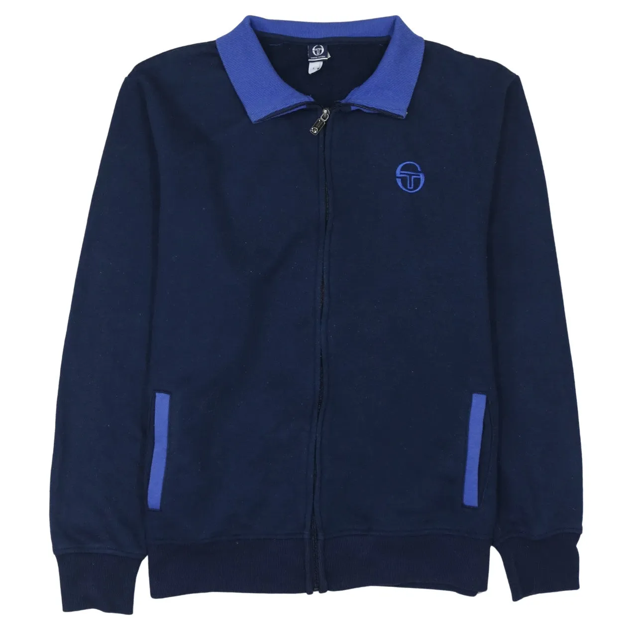 Sergio Tacchini Navy Blue Zip Sweatshirt Men’s Large Embroidered Chest Logo Contrast Collar Track Top sold by Vintage Club