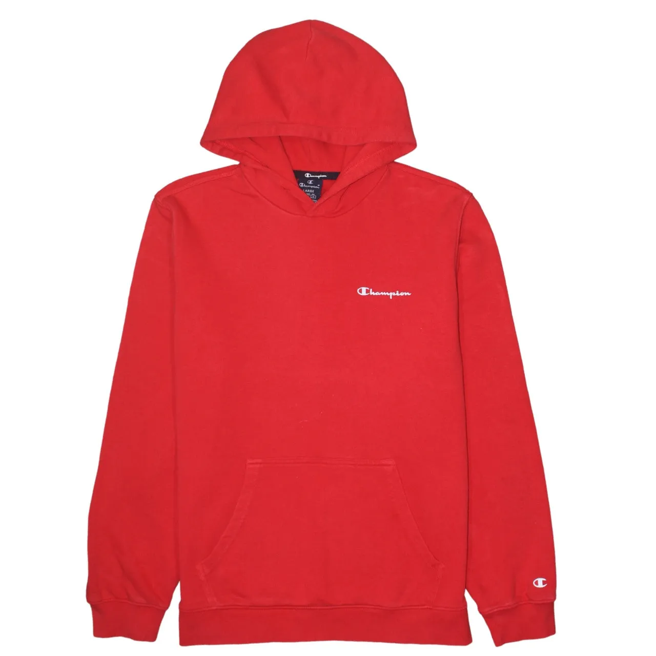Champion Red Hoodie Women’s Large Embroidered Chest Logo Front Pocket Pullover Sweatshirt sold by Vintage Club