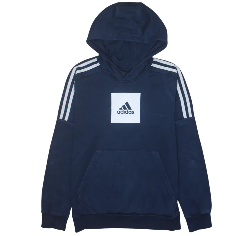 Adidas Navy Blue Hoodie Women’s Large Printed Box Logo Three Stripes Pullover Sweatshirt sold by Vintage Club