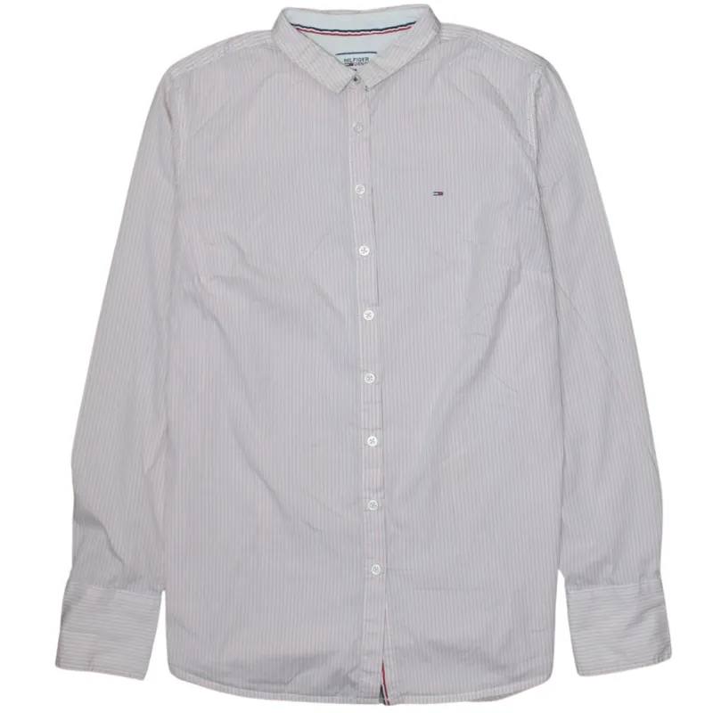 Tommy Hilfiger Pink Striped Shirt Women’s Large Embroidered Chest Flag Long Sleeve Button Up sold by Vintage Club