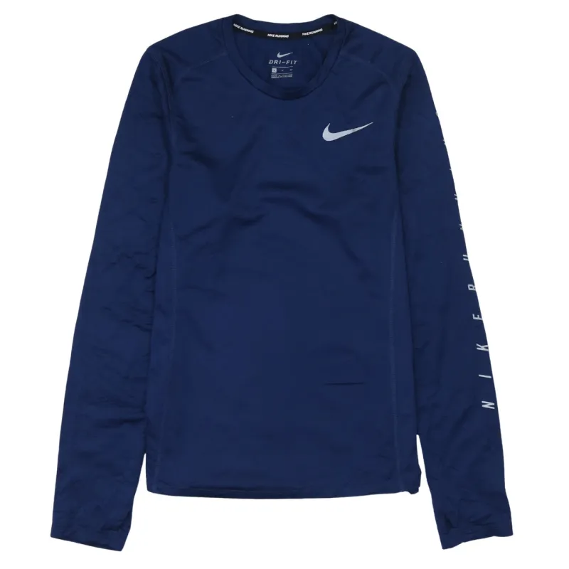 Nike Navy Blue Long Sleeve Top Women’s Small Printed Swoosh Nike Running Tee sold by Vintage Club