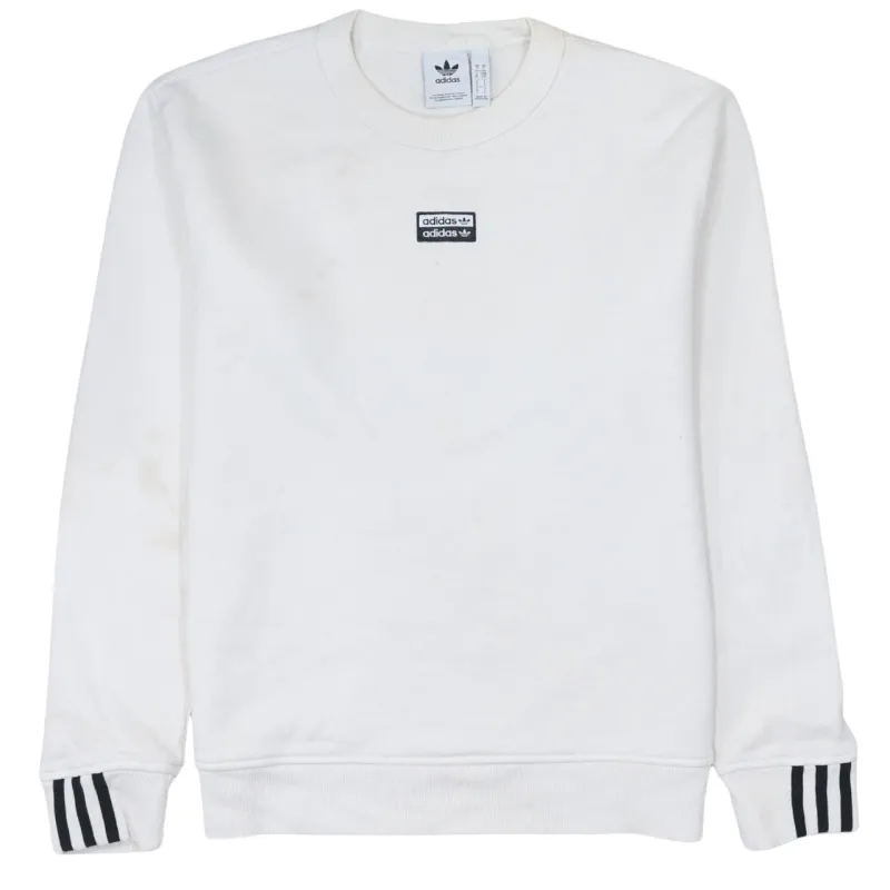 Adidas White Sweatshirt Men's Small Printed Box Logo Trefoil Cuff Stripes Pullover Top sold by Vintage Club