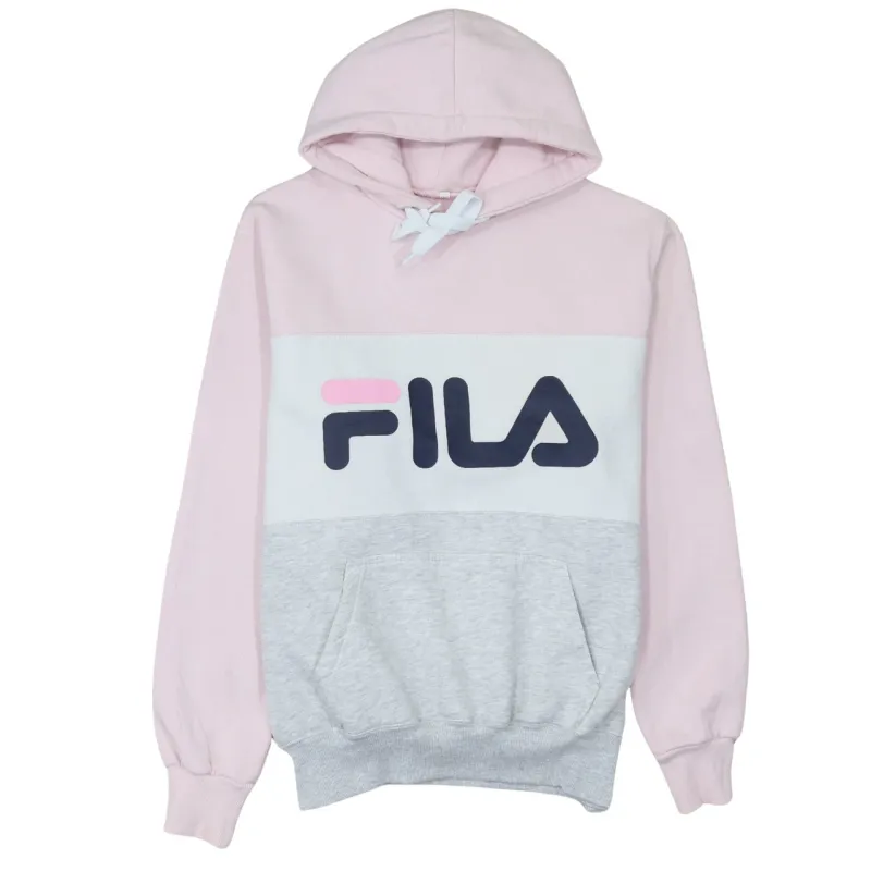 Fila Pink Colour Block Hoodie Women's Large Printed Logo Front Pouch Fleece Sweatshirt sold by Vintage Club