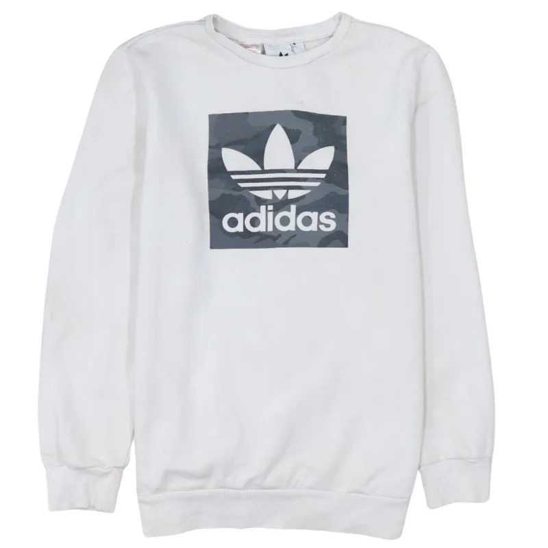 Adidas White Sweatshirt Women’s XLarge Printed Trefoil Camo Box Logo Crewneck Pullover sold by Vintage Club