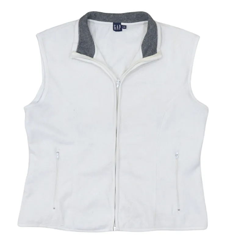 Gap White Fleece Gilet Women's XLarge Full Zip Pockets Contrast Collar Sleeveless Vest sold by Vintage Club