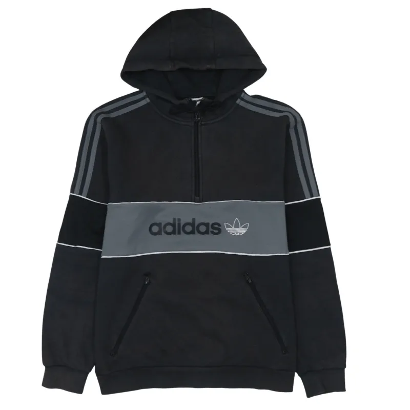 Adidas Black Grey Hoodie Men's Medium Half Zip Three Stripe Embroidered Logo Pullover Sweatshirt made by Adidas