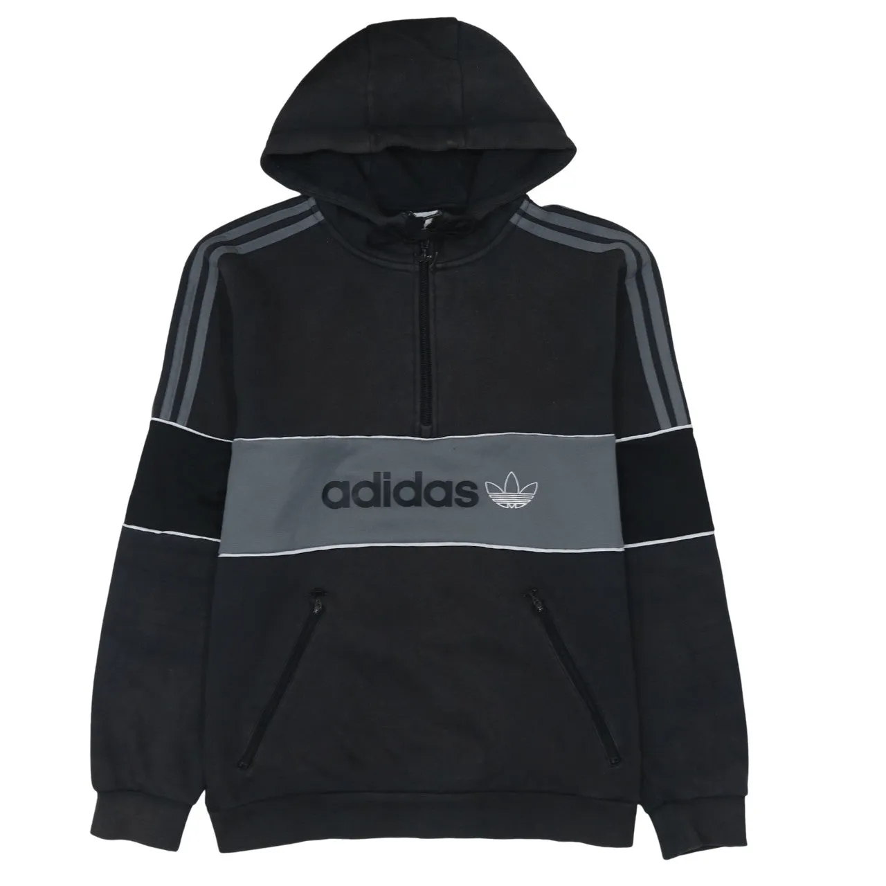 Adidas Black Grey Hoodie Men's Medium Half Zip Three Stripe Embroidered Logo Pullover Sweatshirt sold by Vintage Club