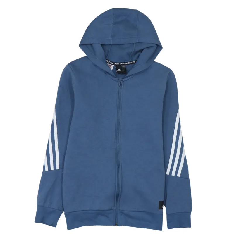Adidas Blue Full Zip Hoodie Women’s Large Three Stripe Sleeves Minimal Logo Sweatshirt sold by Vintage Club