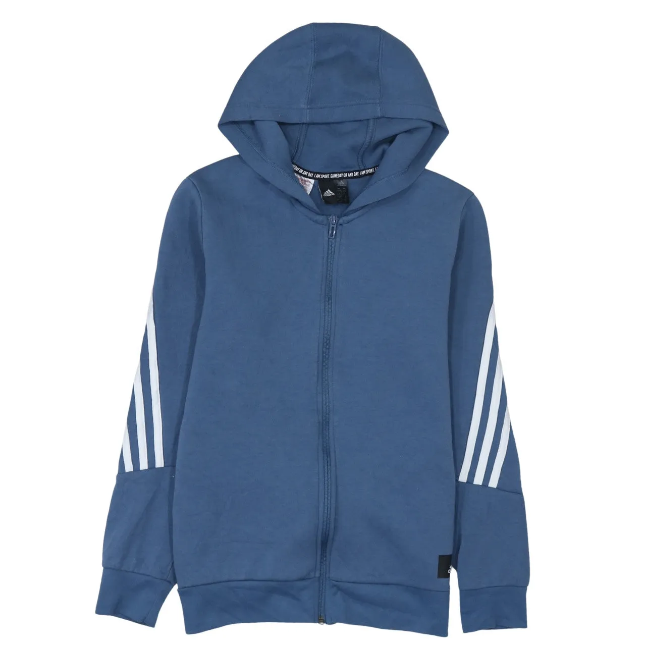 Adidas Blue Full Zip Hoodie Women’s Large Three Stripe Sleeves Minimal Logo Sweatshirt sold by Vintage Club