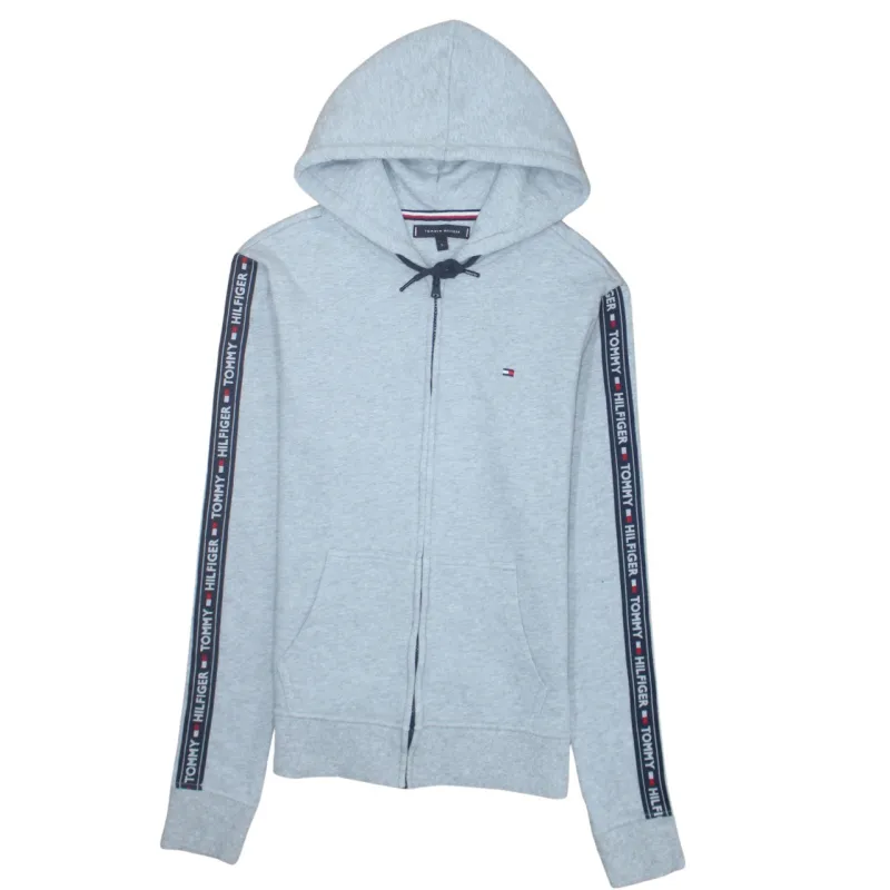 Tommy Hilfiger Light Grey Hoodie Women’s Small Zip Up Taped Sleeves Embroidered Logo Sweatshirt made by Tommy Hilfiger