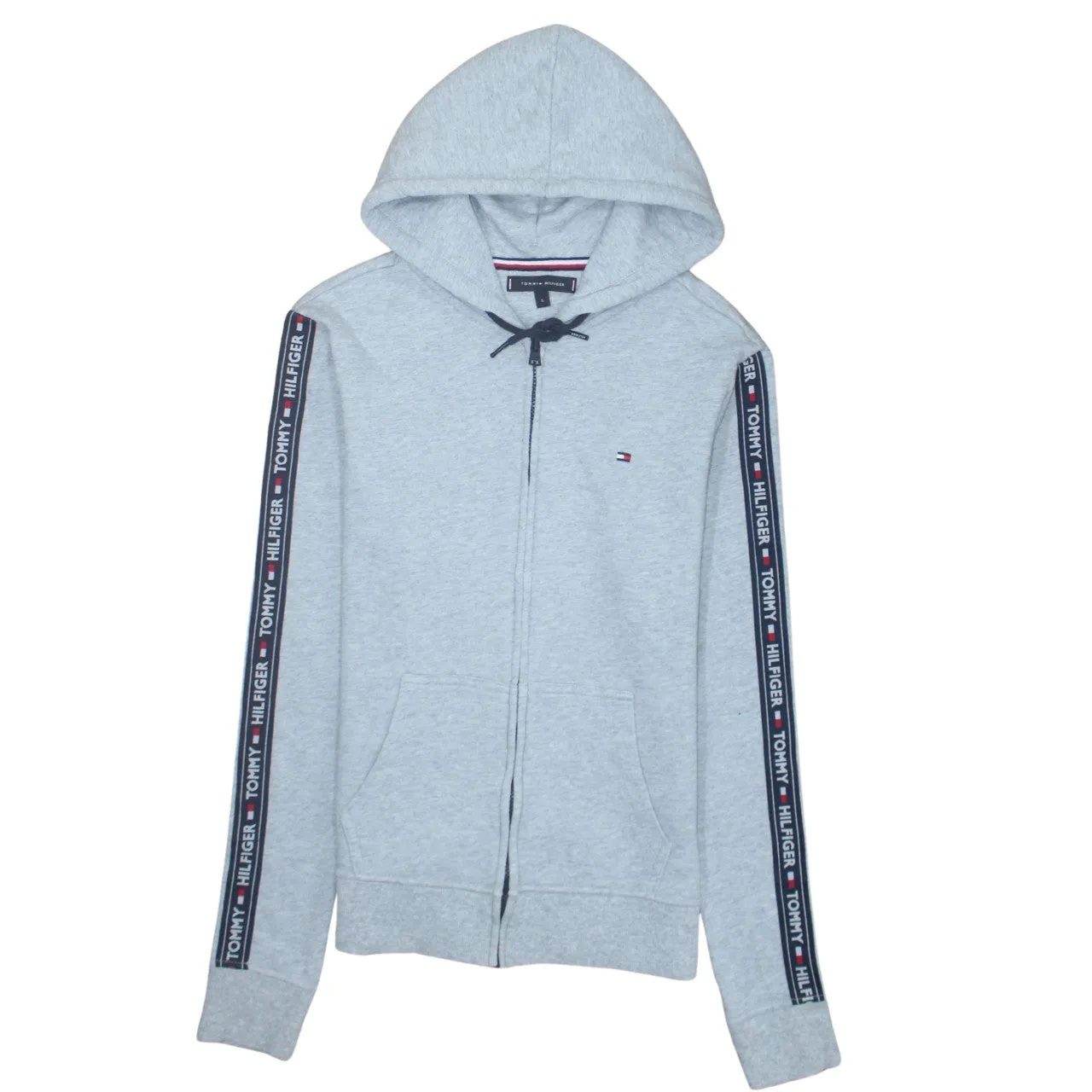 Tommy Hilfiger Light Grey Hoodie Women’s Small Zip Up Taped Sleeves Embroidered Logo Sweatshirt sold by Vintage Club